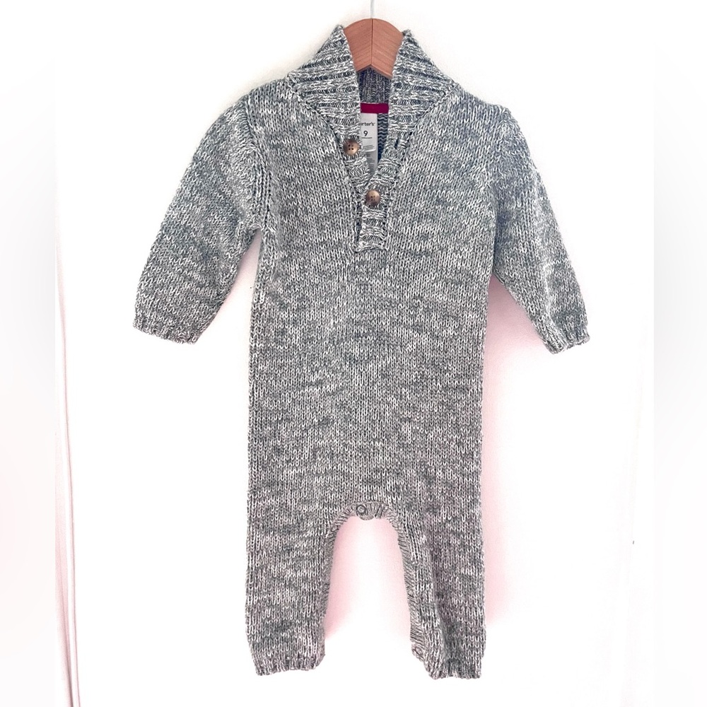 Henley Knit Jumpsuit, Like New, Shawl Collar, Elbow Patches, Gray & White Cotton